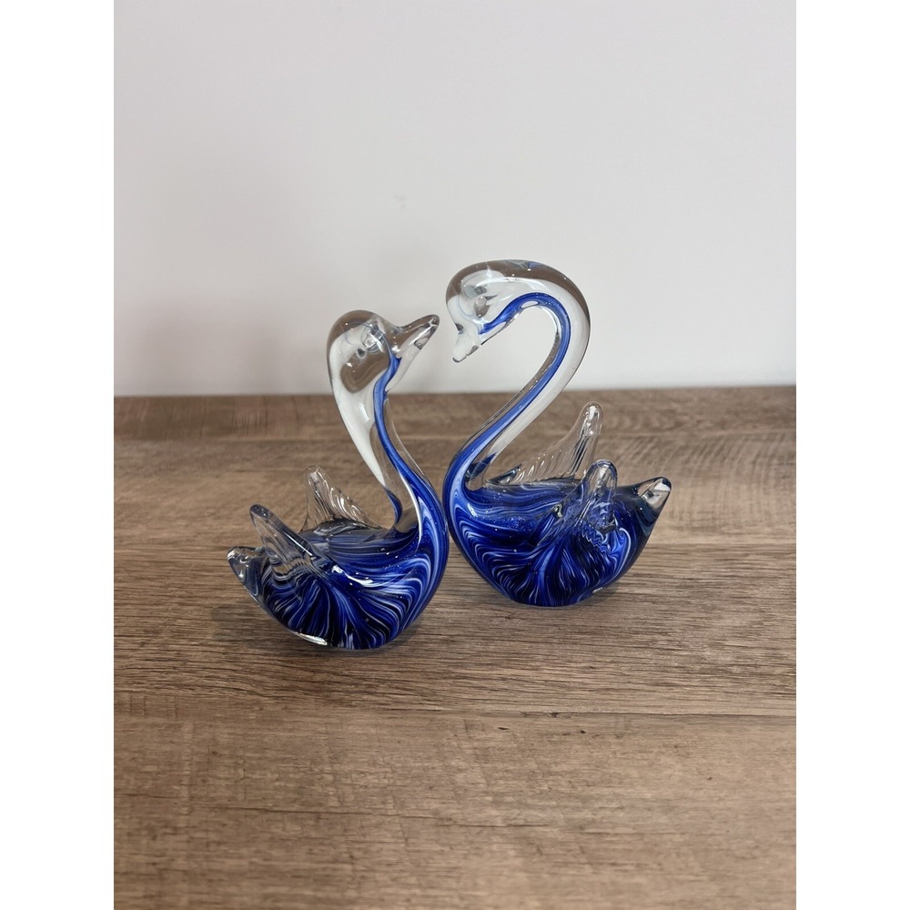 Set of 2 Hand Blown Art Glass Blue & White Swirl Swan Figurines Paperweights